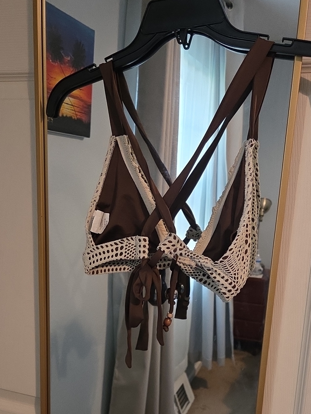 Lucky Brand Brown Bikini with Cream Crochet Overlay and Wooden Beads Details-M - Picture 4 of 9